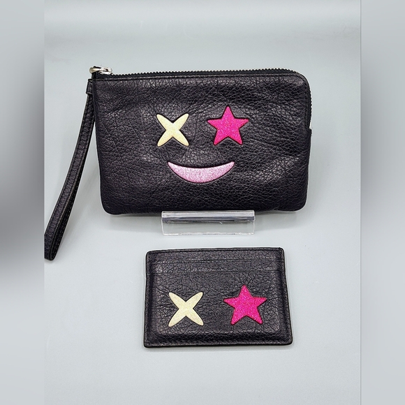 Coach Glitter Star Emoji Smiley Leather Wallet & Wristlet set -Black/pink - Picture 2 of 9